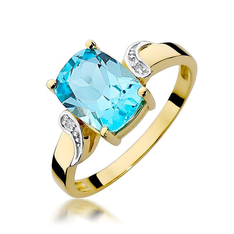 Pierścionek z topazem Swiss Blue 2,40 ct i brylantami, żółte złoto 585