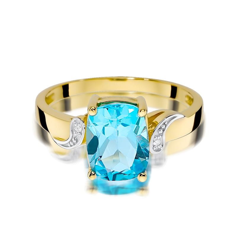 Pierścionek z topazem Swiss Blue 2,40 ct i brylantami, żółte złoto 585