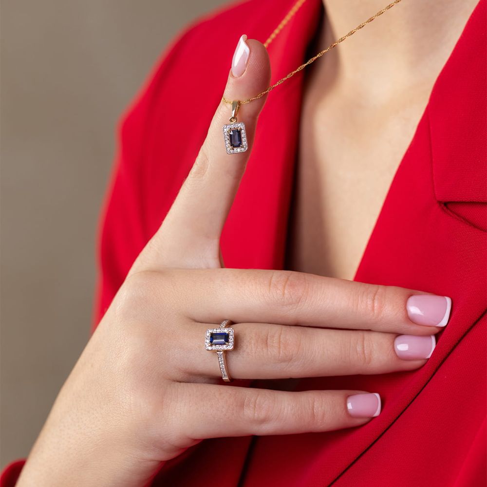 Pierścionek ze szafirem 0,60 ct i brylantami, żółte złoto 585