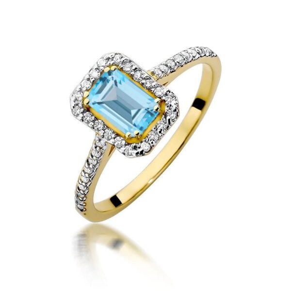 Pierścionek z topazem Swiss Blue 0,65 ct i brylantami, żółte złoto 585