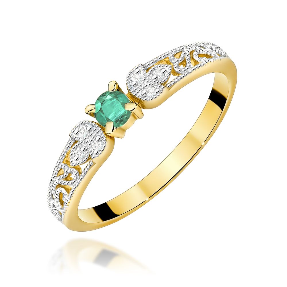 Pierścionek ze szmaragdem 0,15 ct i brylantami, żółte złoto 585