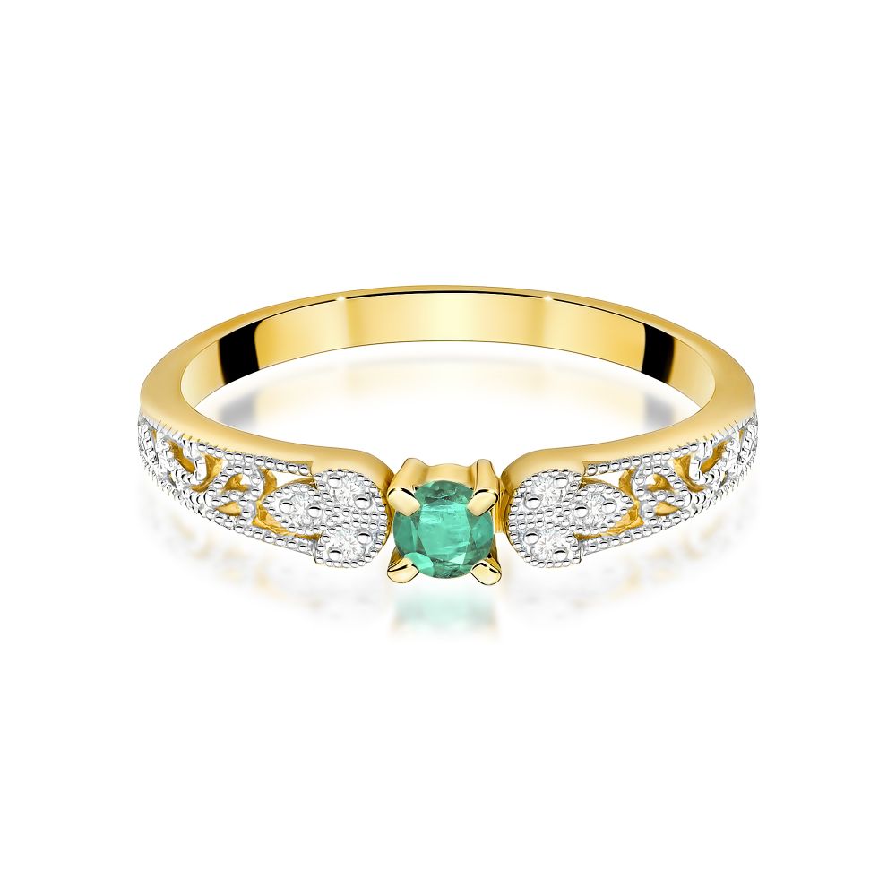Pierścionek ze szmaragdem 0,15 ct i brylantami, żółte złoto 585