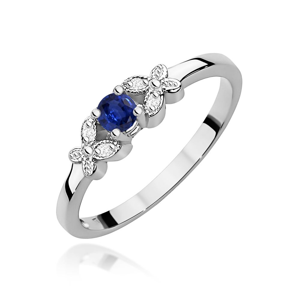 Pierścionek ze szafirem 0,15 ct i brylantami, białe złoto 585