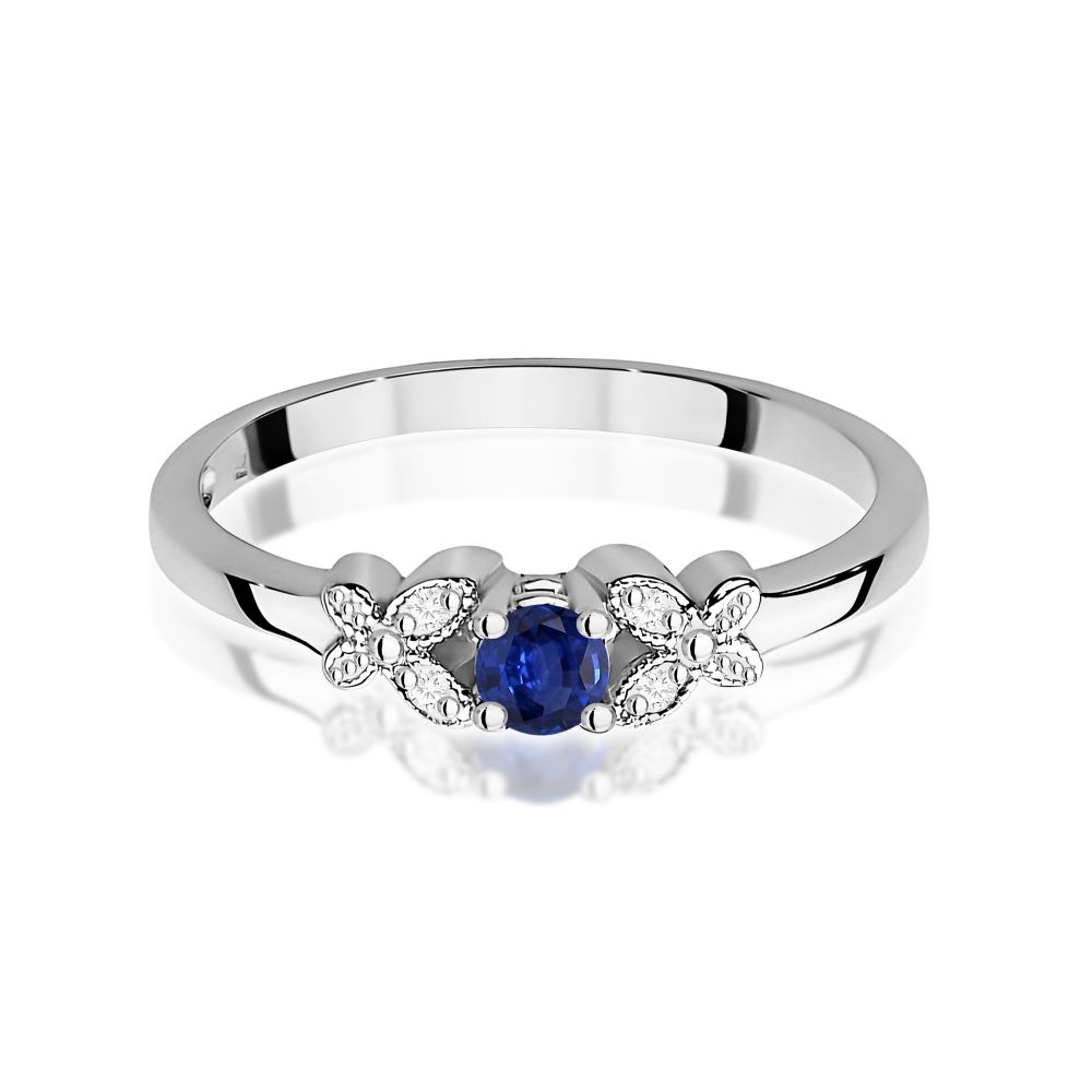 Pierścionek ze szafirem 0,15 ct i brylantami, białe złoto 585