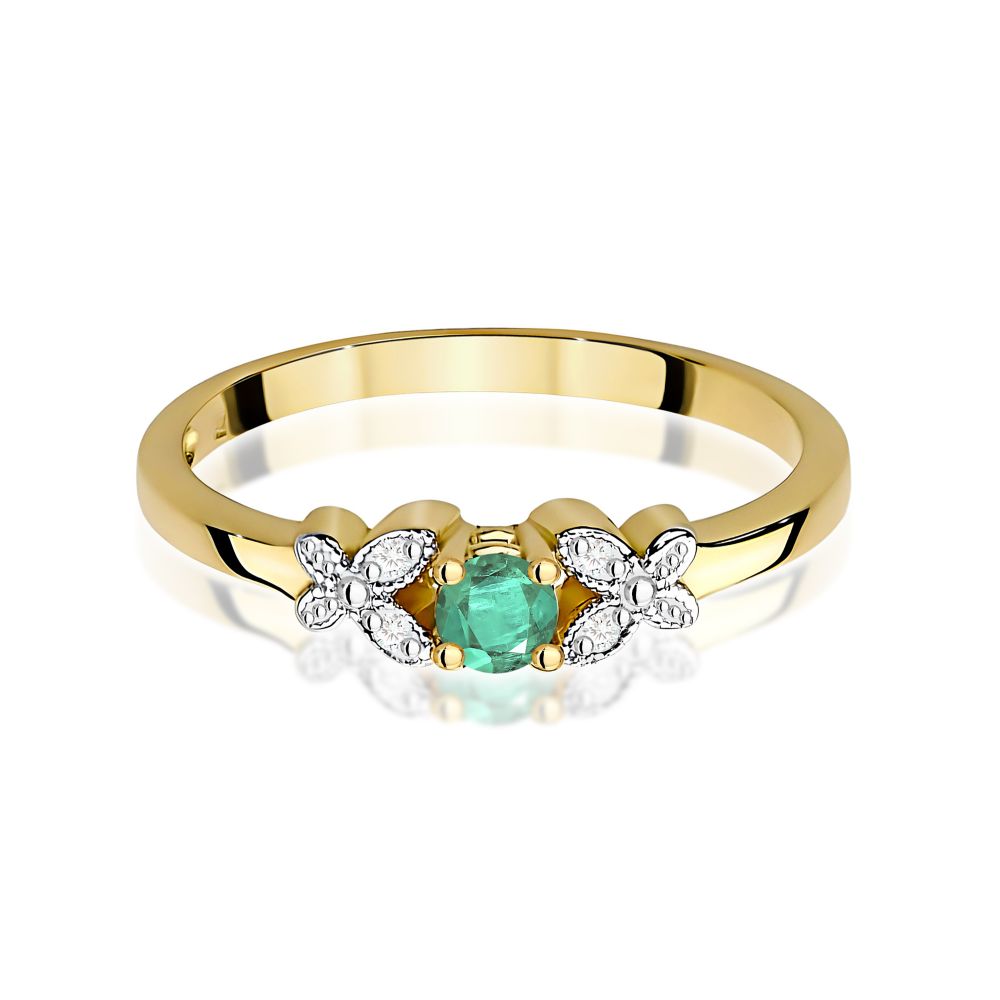Pierścionek ze szmaragdem 0,15 ct i brylantami, żółte złoto 585