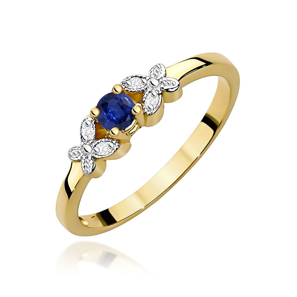 Pierścionek ze szafirem 0,15 ct i brylantami, żółte złoto 585