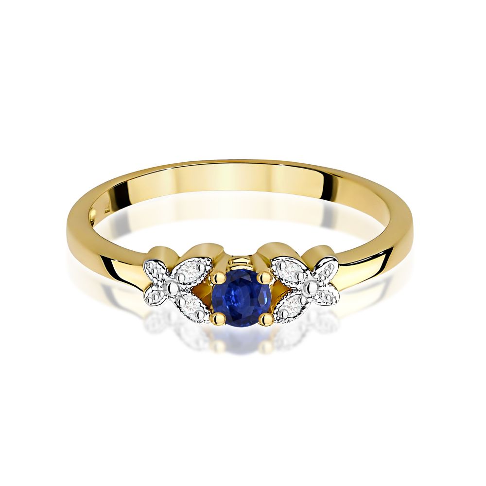 Pierścionek ze szafirem 0,15 ct i brylantami, żółte złoto 585