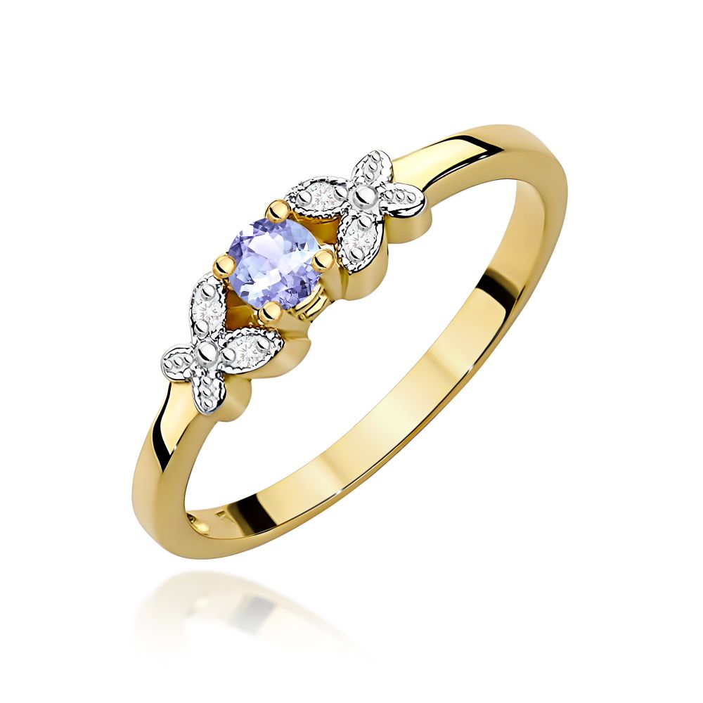 Pierścionek z tanzanitem 0,15 ct i brylantami, żółte złoto 585