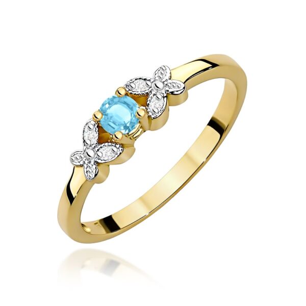 Pierścionek z topazem Swiss Blue 0,15 ct i brylantami, żółte złoto 585
