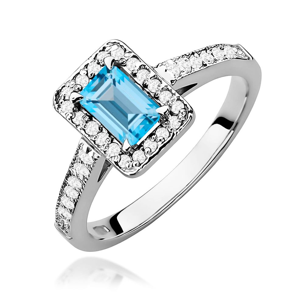 Pierścionek z topazem Swiss Blue 0,65 ct i brylantami, białe złoto 585