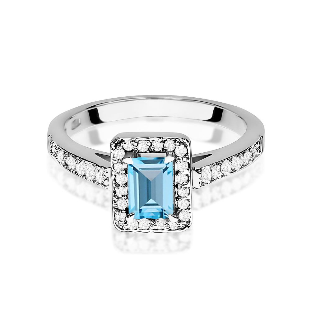 Pierścionek z topazem Swiss Blue 0,65 ct i brylantami, białe złoto 585