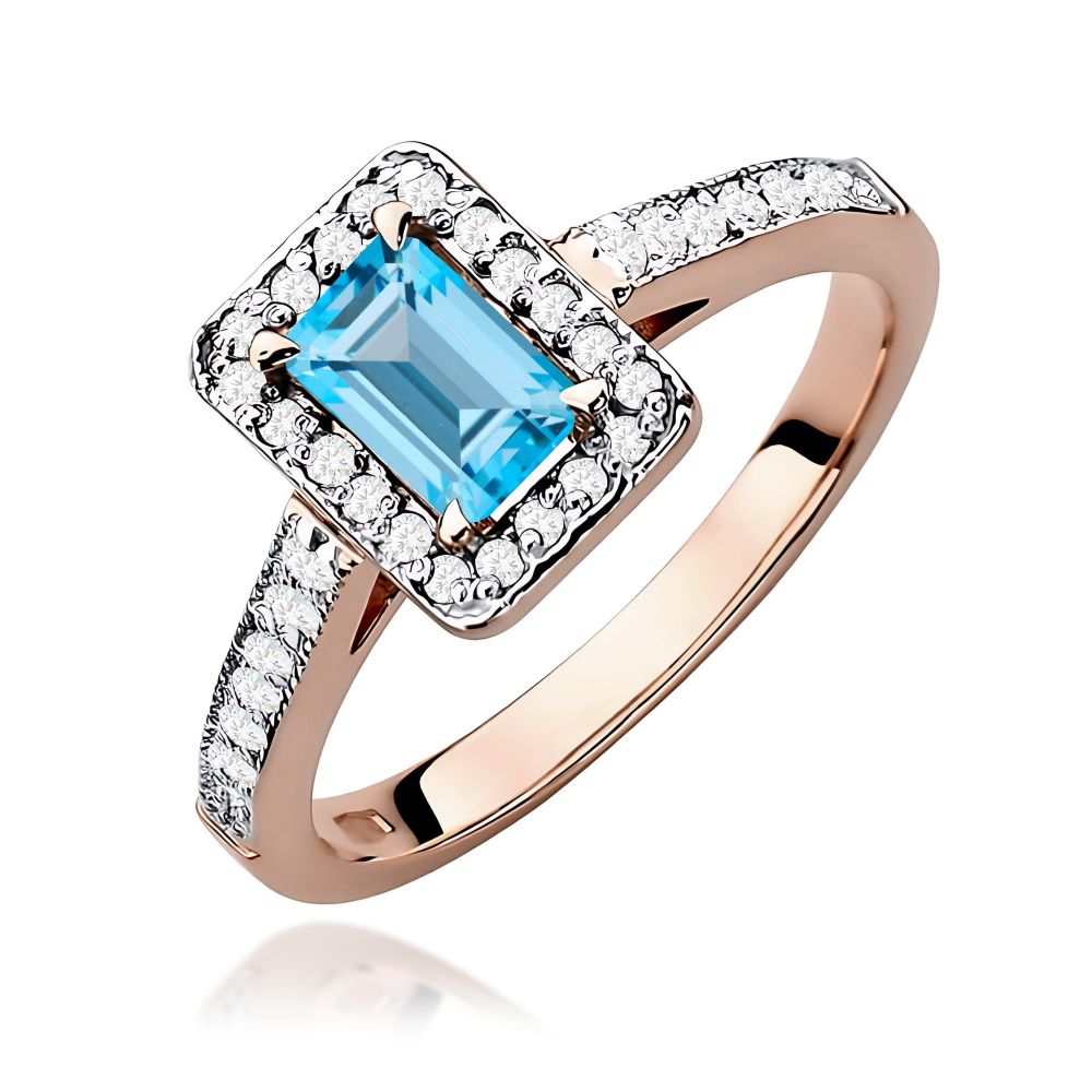 Pierścionek z topazem Swiss Blue 0,65 ct i brylantami, różowe złoto 585