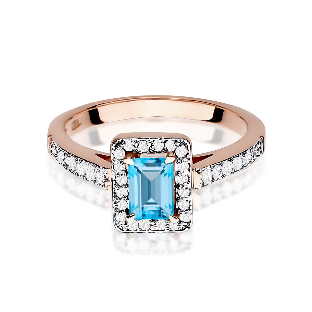 Pierścionek z topazem Swiss Blue 0,65 ct i brylantami, różowe złoto 585