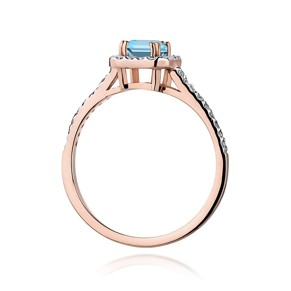 Pierścionek z topazem Swiss Blue 0,65 ct i brylantami, różowe złoto 585