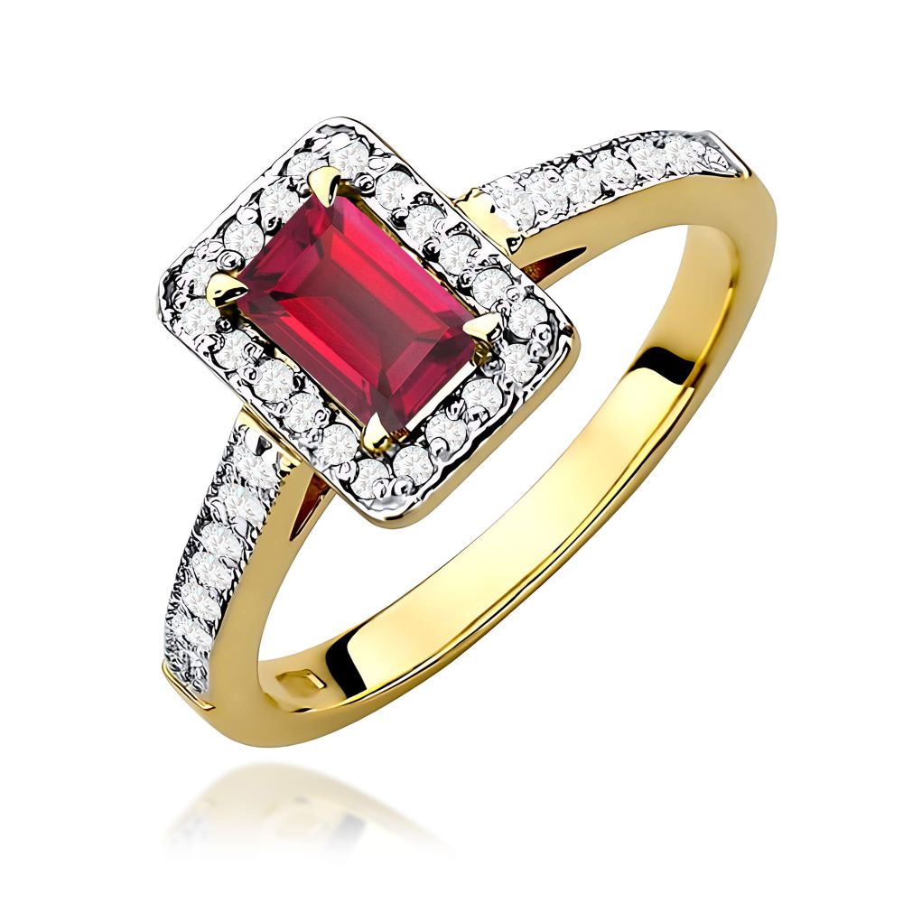 Pierścionek z rubinem 0,80 ct i brylantami, żółte złoto 585