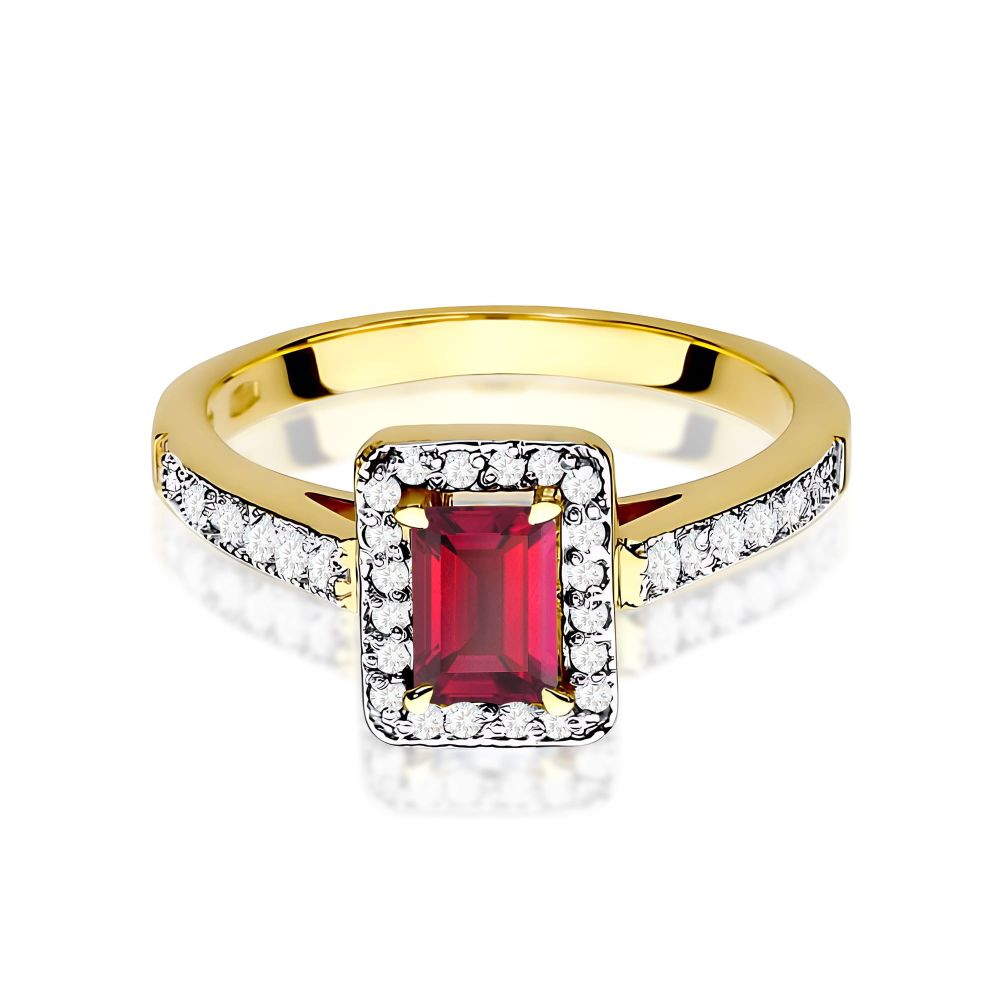 Pierścionek z rubinem 0,80 ct i brylantami, żółte złoto 585
