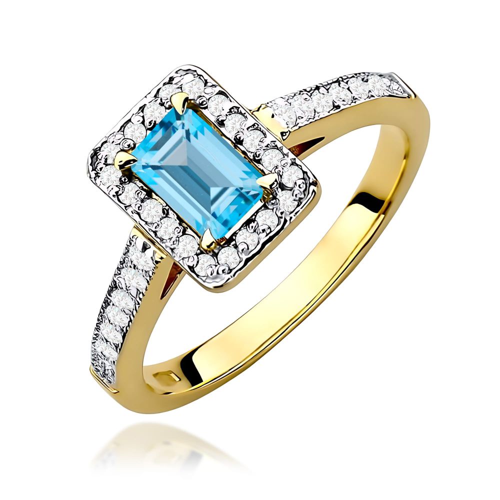 Pierścionek z topazem Swiss Blue 0,65 ct i brylantami, żółte złoto 585