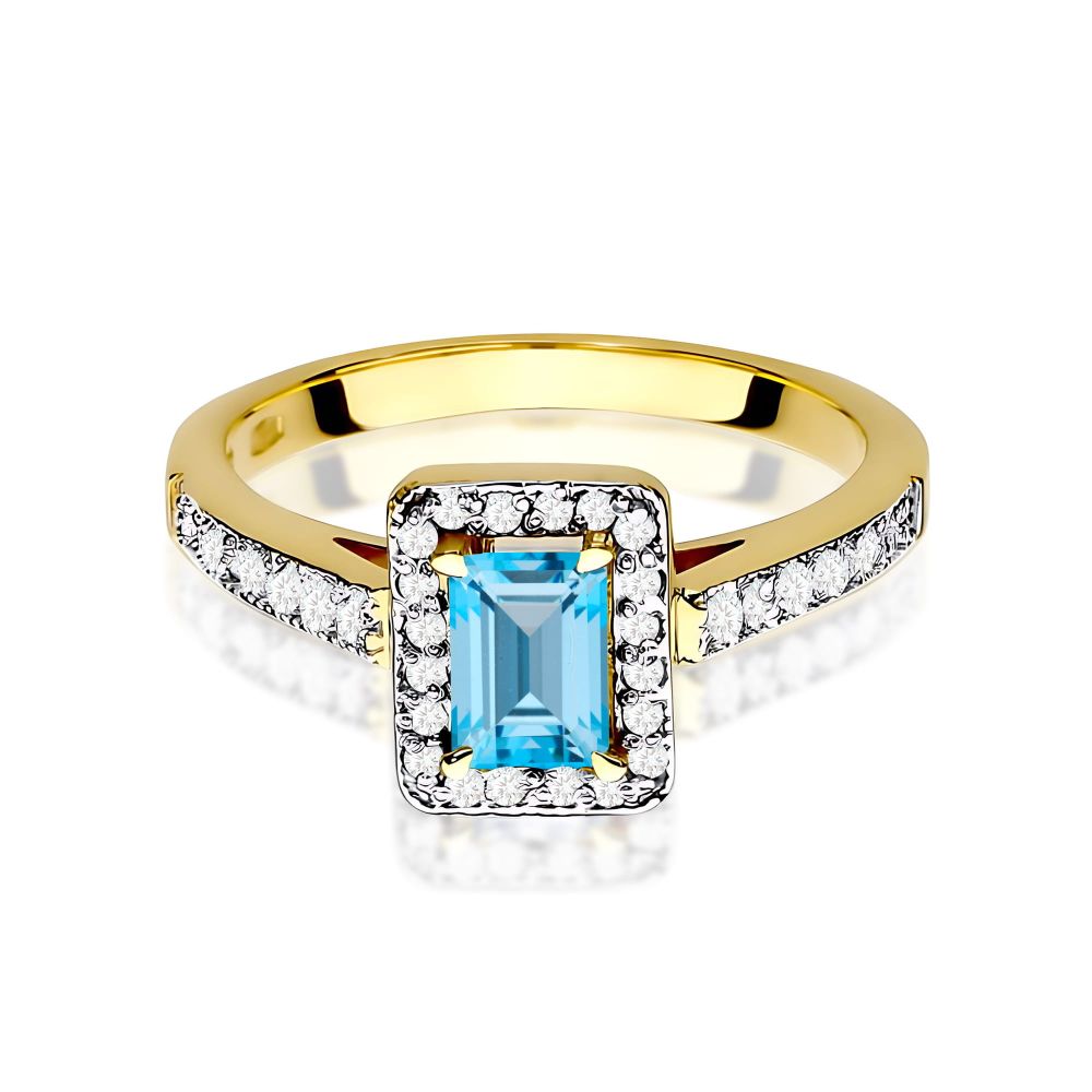 Pierścionek z topazem Swiss Blue 0,65 ct i brylantami, żółte złoto 585