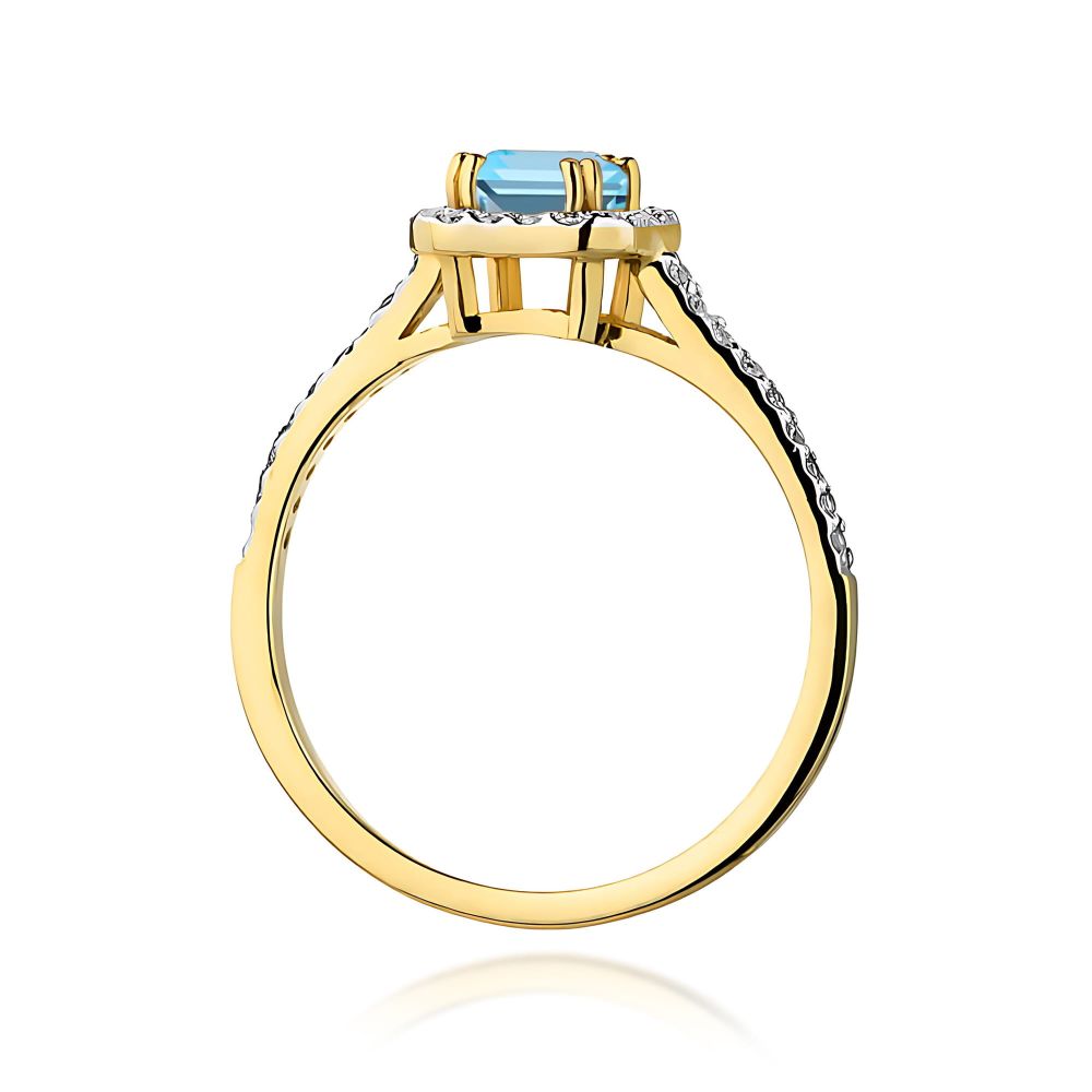 Pierścionek z topazem Swiss Blue 0,65 ct i brylantami, żółte złoto 585