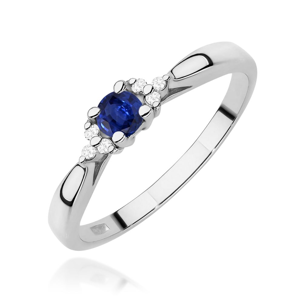 Pierścionek ze szafirem 0,15 ct i brylantami, białe złoto 585