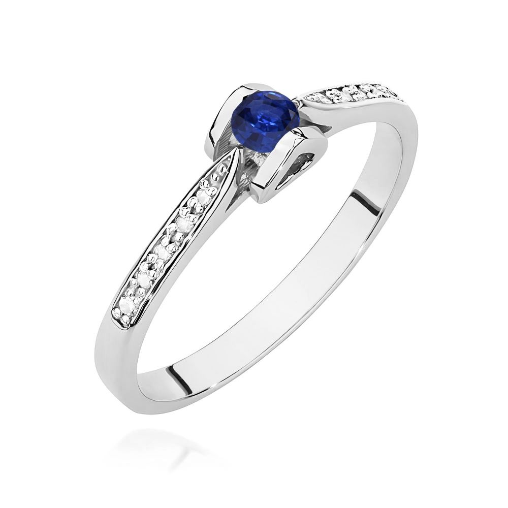 Pierścionek ze szafirem 0,15 ct i brylantami, białe złoto 585