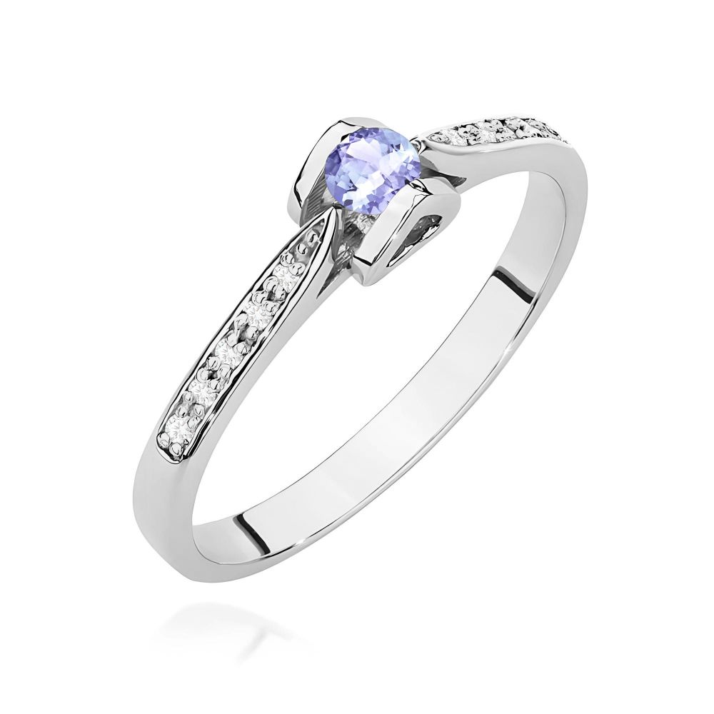 Pierścionek z tanzanitem 0,15 ct i brylantami, białe złoto 585