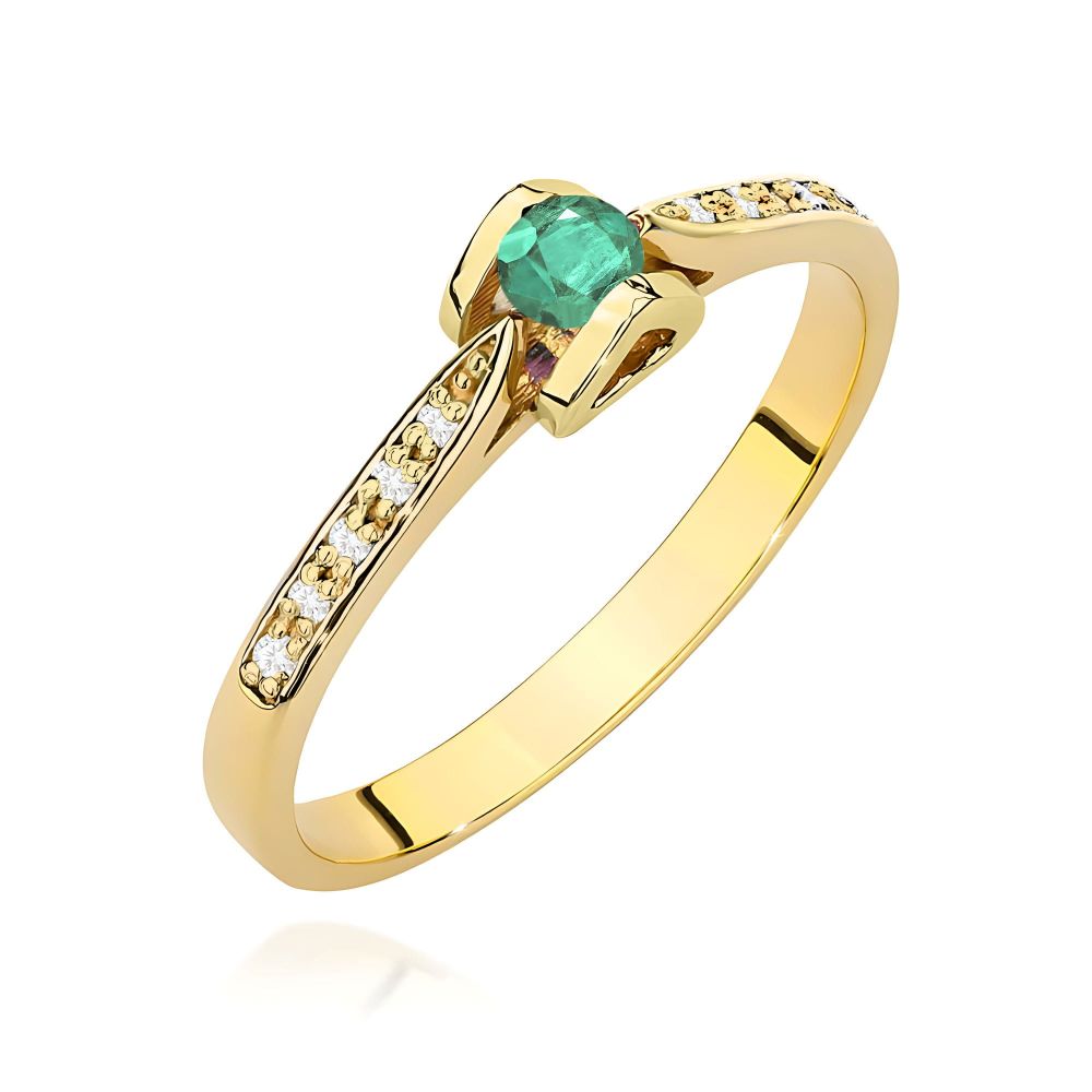 Pierścionek ze szmaragdem 0,15 ct i brylantami, żółte złoto 585