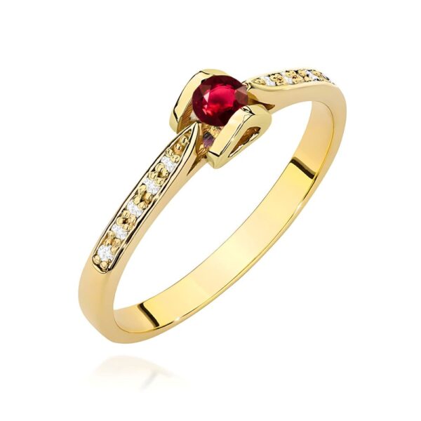 Pierścionek z rubinem 0,15 ct i brylantami, żółte złoto 585