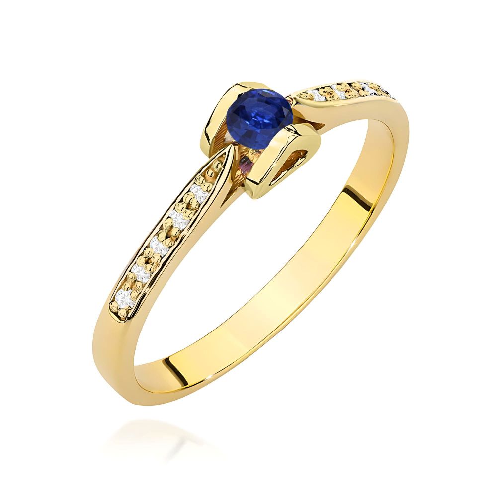 Pierścionek ze szafirem 0,15 ct i brylantami, żółte złoto 585