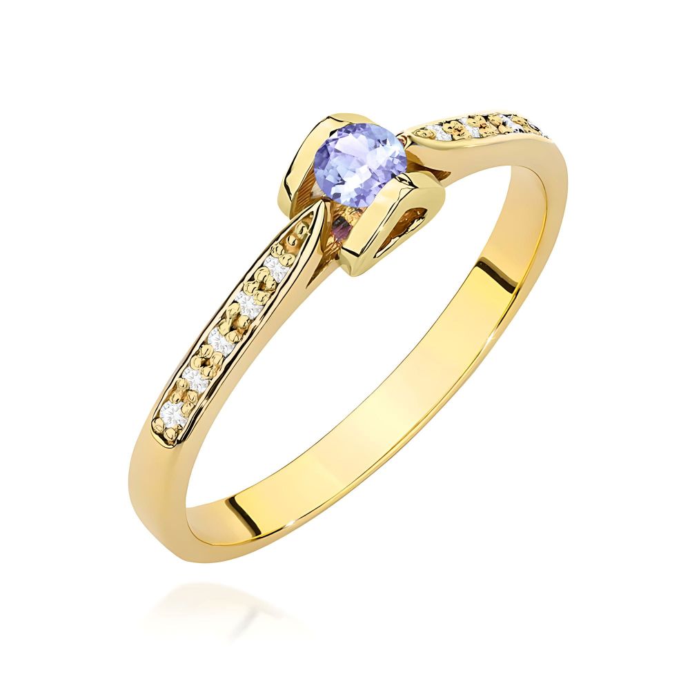 Pierścionek z tanzanitem 0,15 ct i brylantami, żółte złoto 585