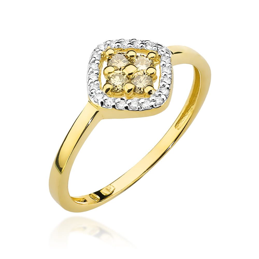 Pierścionek z brązowymi diamentami 0,30 ct, żółte złoto 585