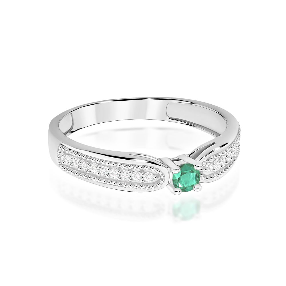 Pierścionek ze szmaragdem 0,15 ct i brylantami, białe złoto 585
