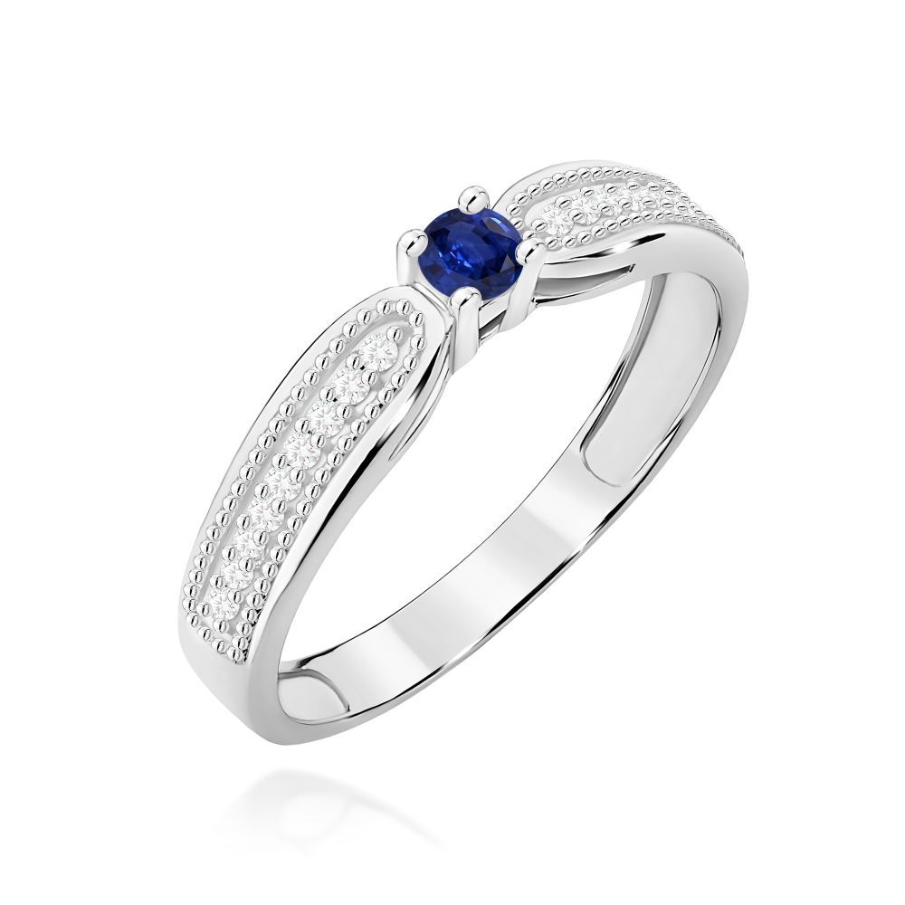 Pierścionek ze szafirem 0,15 ct i brylantami, białe złoto 585