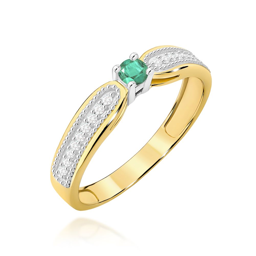 Pierścionek ze szmaragdem 0,15 ct i brylantami, żółte złoto 585