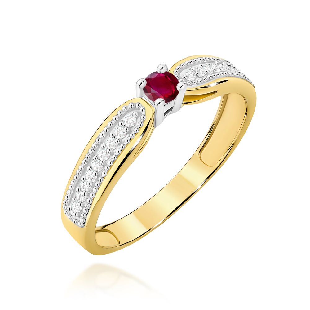 Pierścionek z rubinem 0,15 ct i brylantami, żółte złoto 585