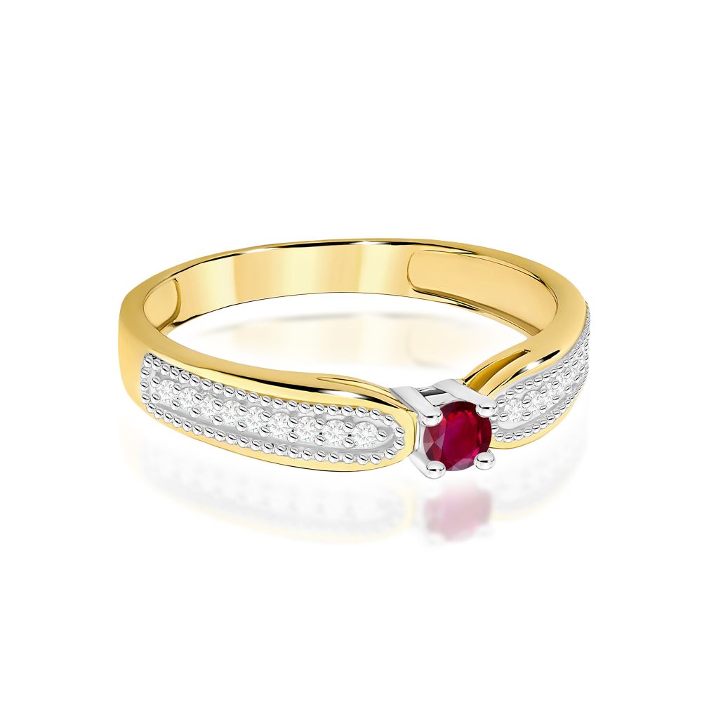 Pierścionek z rubinem 0,15 ct i brylantami, żółte złoto 585