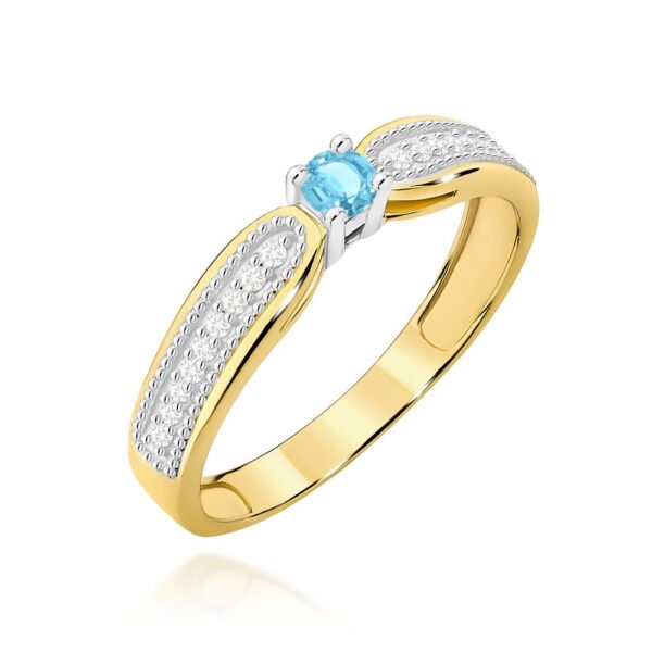 Pierścionek z topazem Swiss Blue 0,15 ct i brylantami, żółte złoto 585