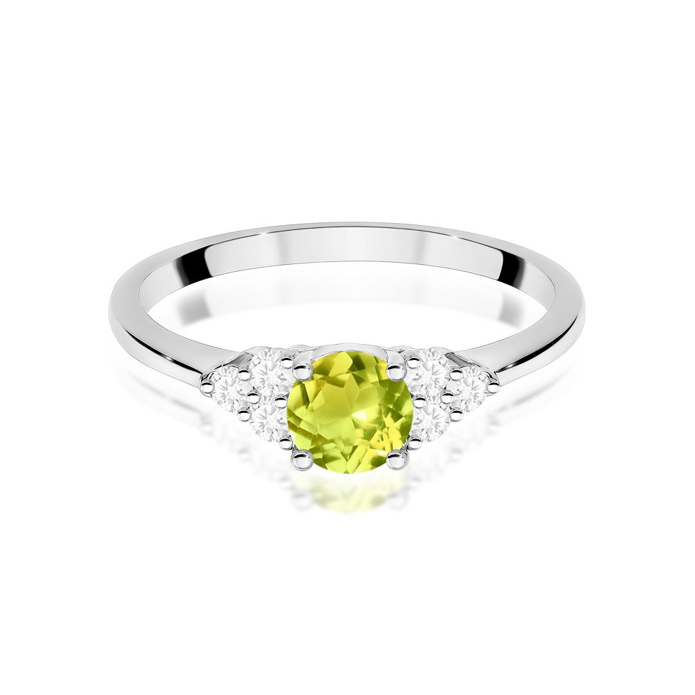 Pierścionek z oliwinem 0,60 ct i brylantami, białe złoto 585