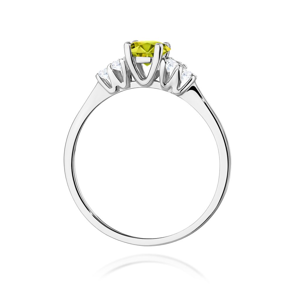 Pierścionek z oliwinem 0,60 ct i brylantami, białe złoto 585