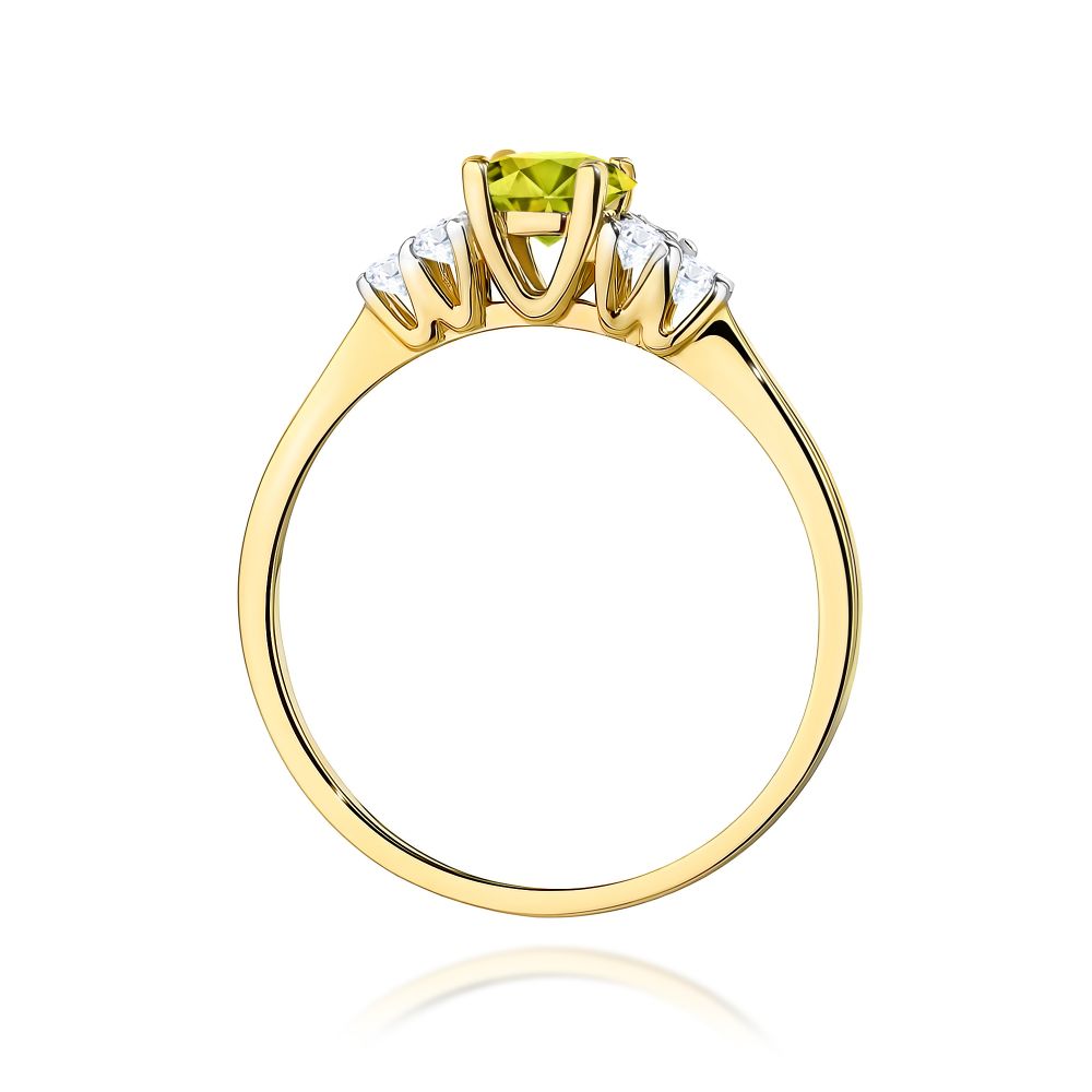 Pierścionek z oliwinem 0,60 ct i brylantami, żółte złoto 585