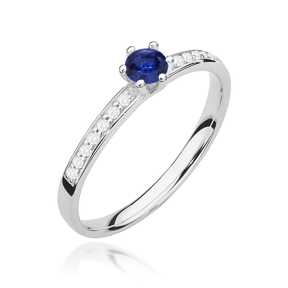 Pierścionek ze szafirem 0,15 ct i brylantami, białe złoto 585