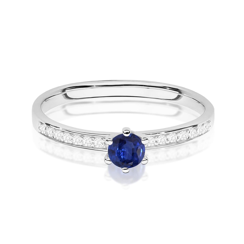 Pierścionek ze szafirem 0,15 ct i brylantami, białe złoto 585