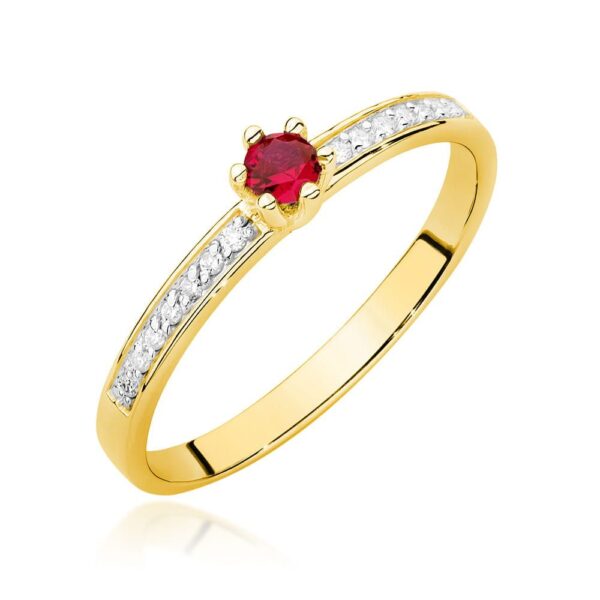 Pierścionek z rubinem 0,15 ct i brylantami, żółte złoto 585