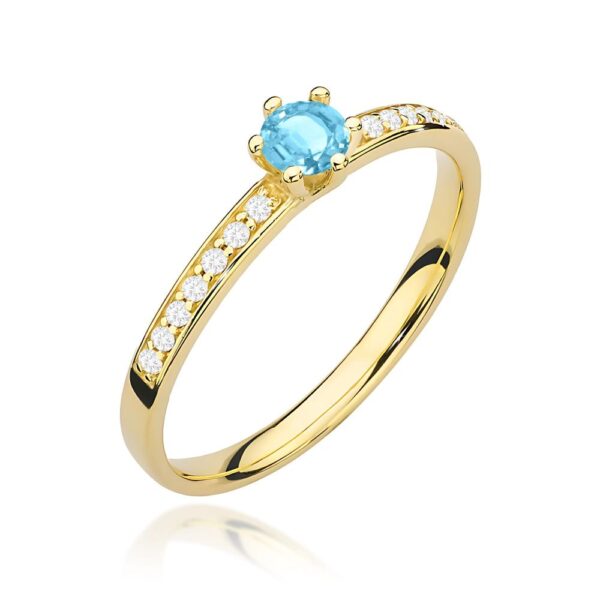 Pierścionek z topazem Swiss Blue 0,15 ct i brylantami, żółte złoto 585