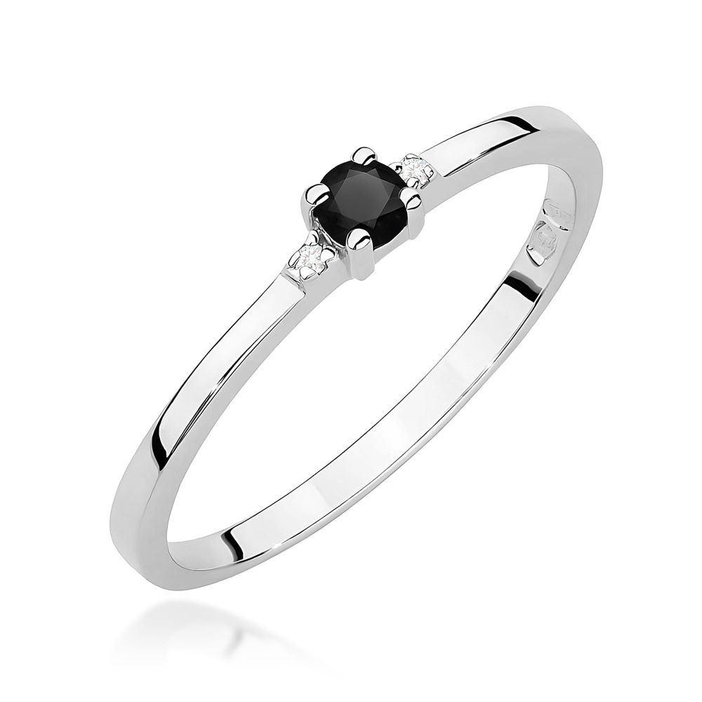Pierścionek z czarnym diamentem 0,12 ct i brylantami, białe złoto 585