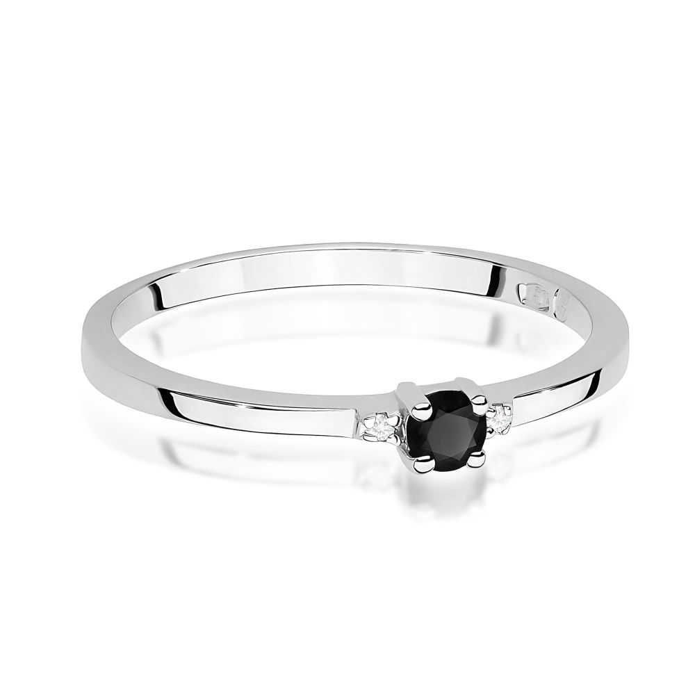 Pierścionek z czarnym diamentem 0,12 ct i brylantami, białe złoto 585