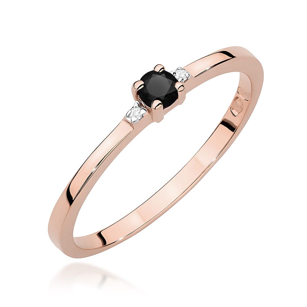 Pierścionek z czarnym diamentem 0,12 ct i brylantami, różowe złoto 585