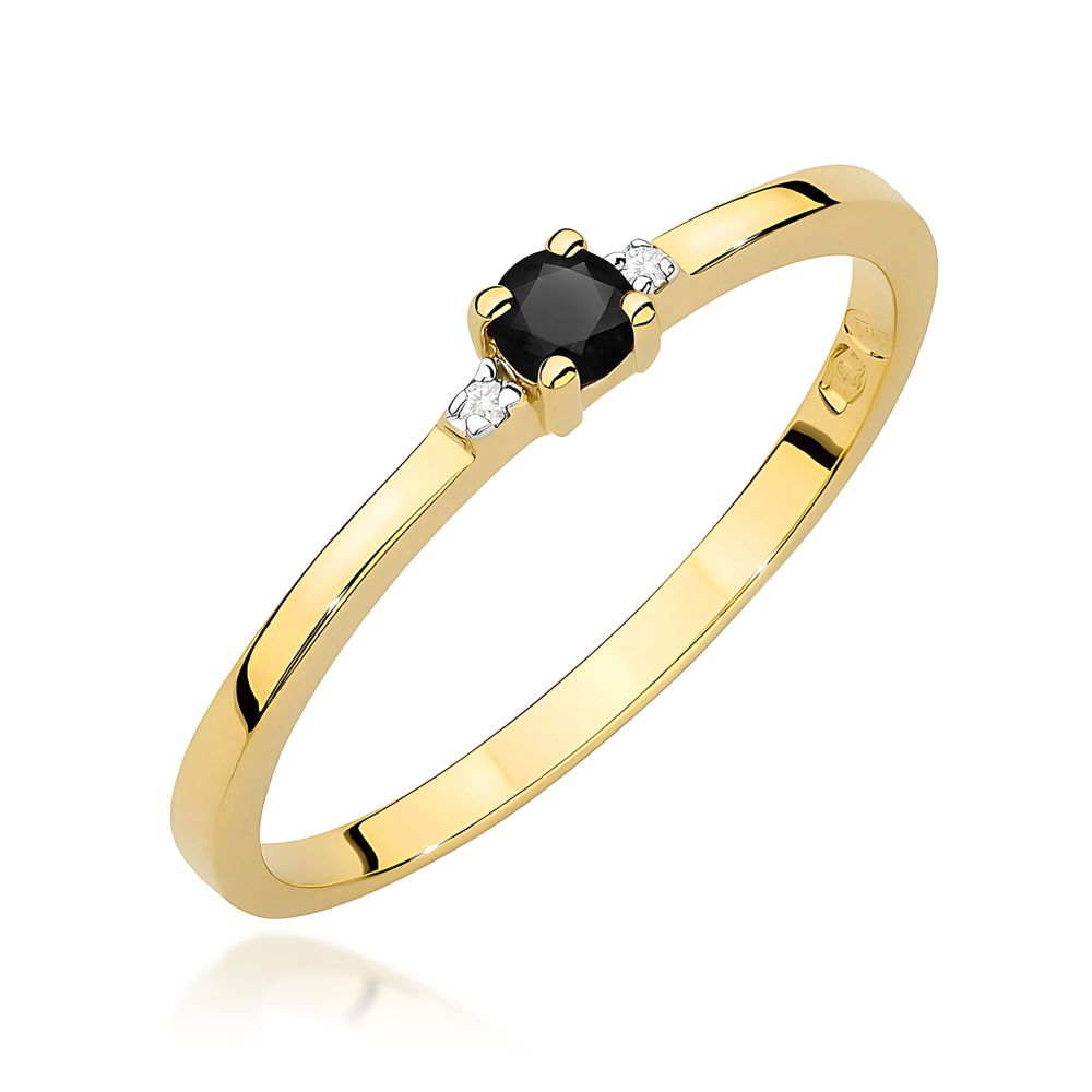 Pierścionek z czarnym diamentem 0,12 ct i brylantami, żółte złoto 585