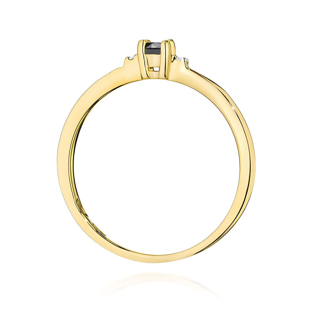 Pierścionek z czarnym diamentem 0,12 ct i brylantami, żółte złoto 585
