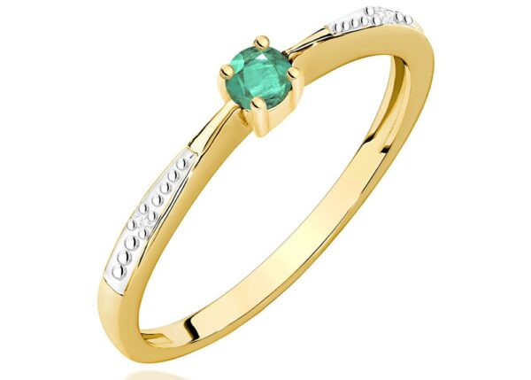 Pierścionek ze szmaragdem 0,15 ct i brylantami, żółte złoto 585